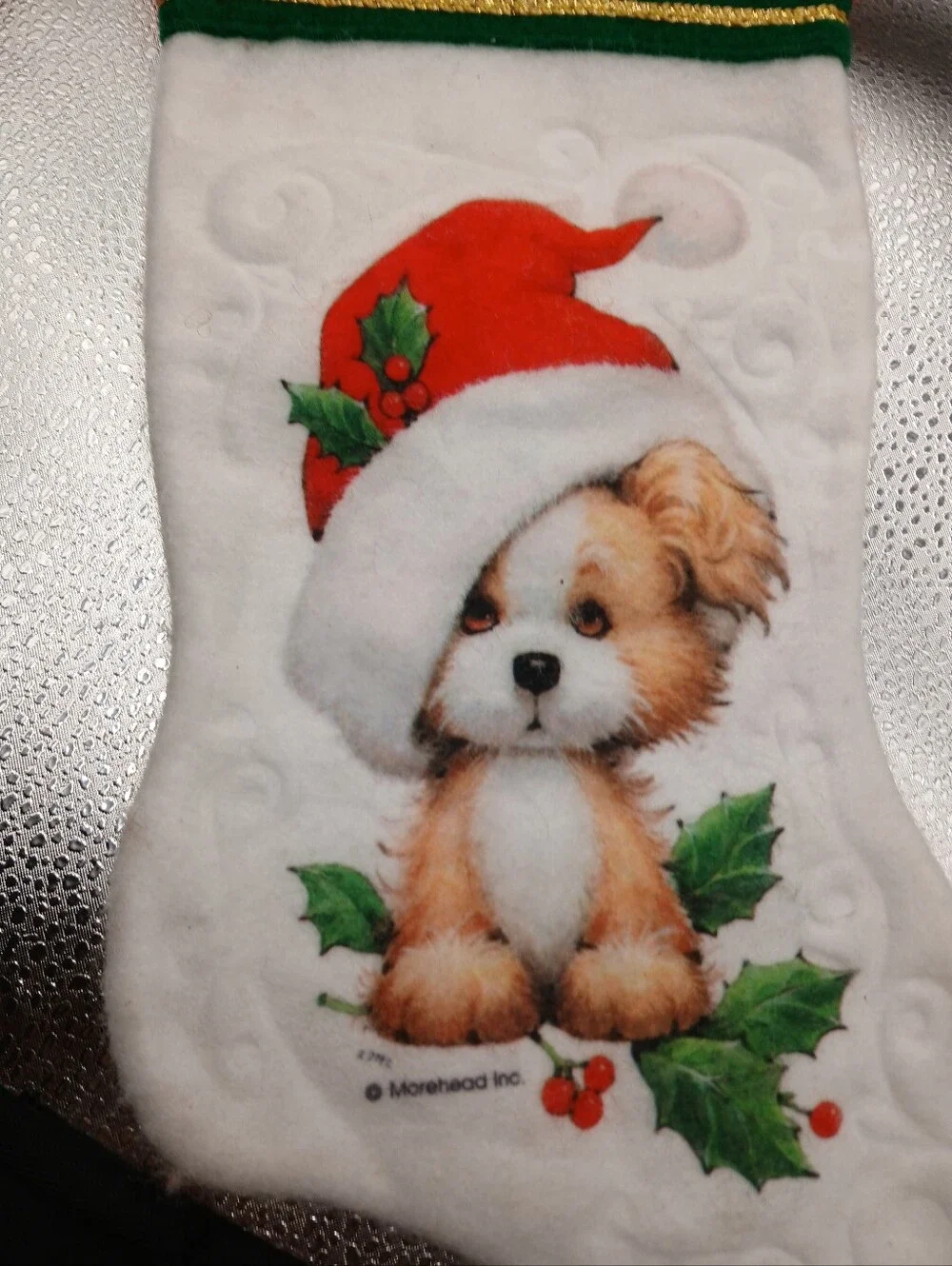 Vintage Morehead Inc Christmas Stocking With Puppy Wearing Santa Hat And Holly